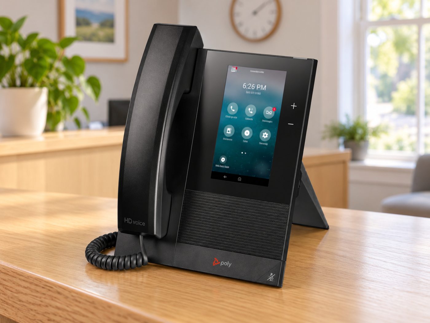 Poly CCX 400 desk phone on an office reception desk